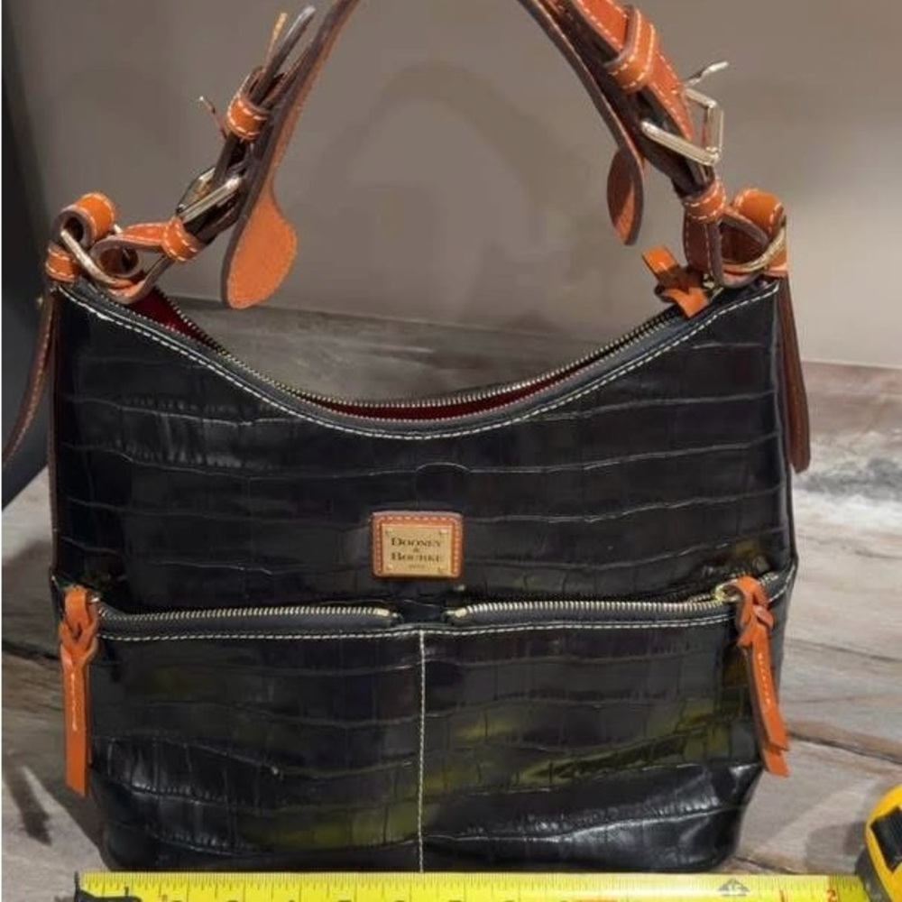 Dooney & Bourke Black and Tan Croc Embossed Shoulder Bag